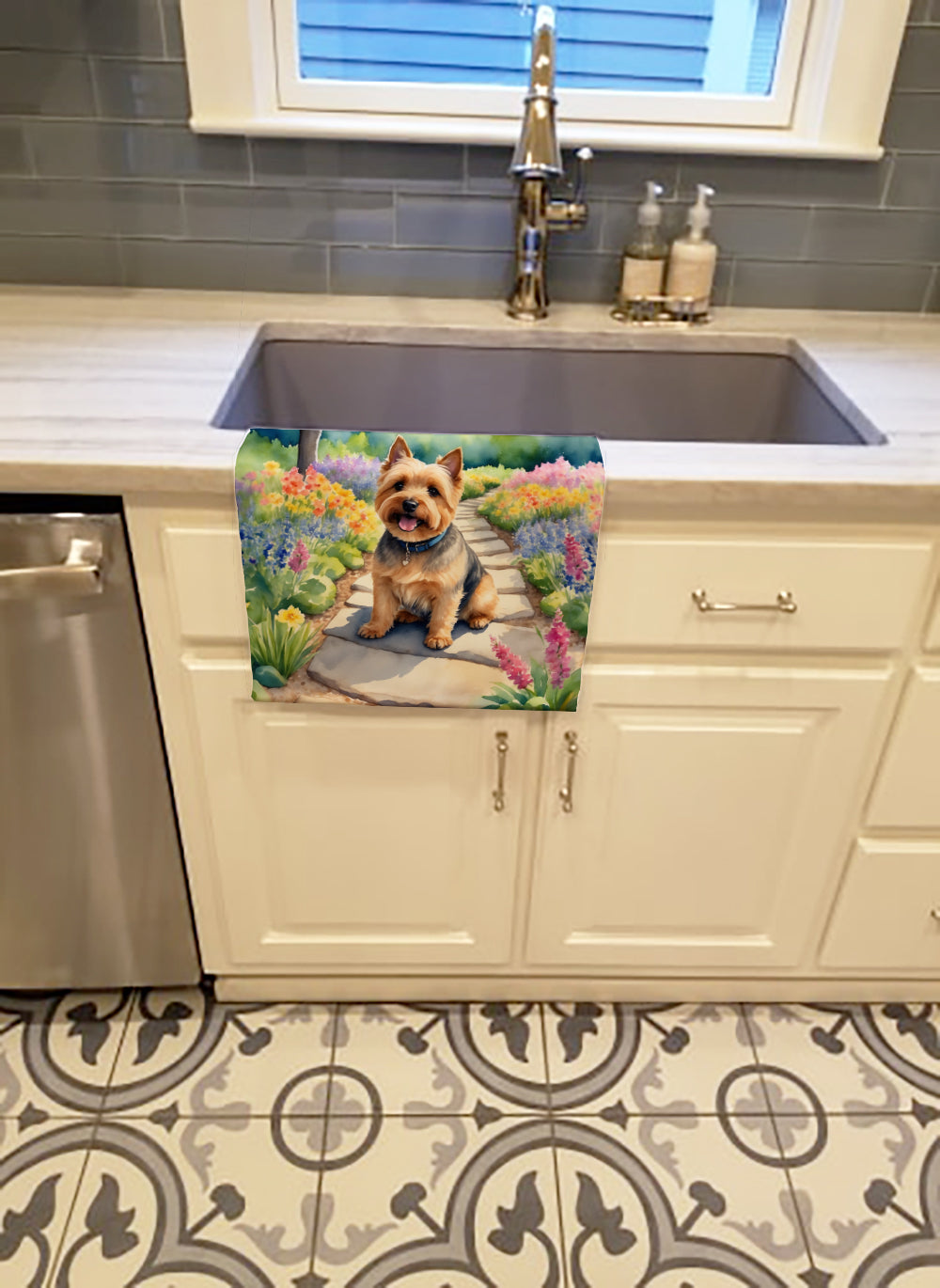 Norwich Terrier Spring Path Kitchen Towel Velour Plush Front and Cotton Loop Back Machine Washable