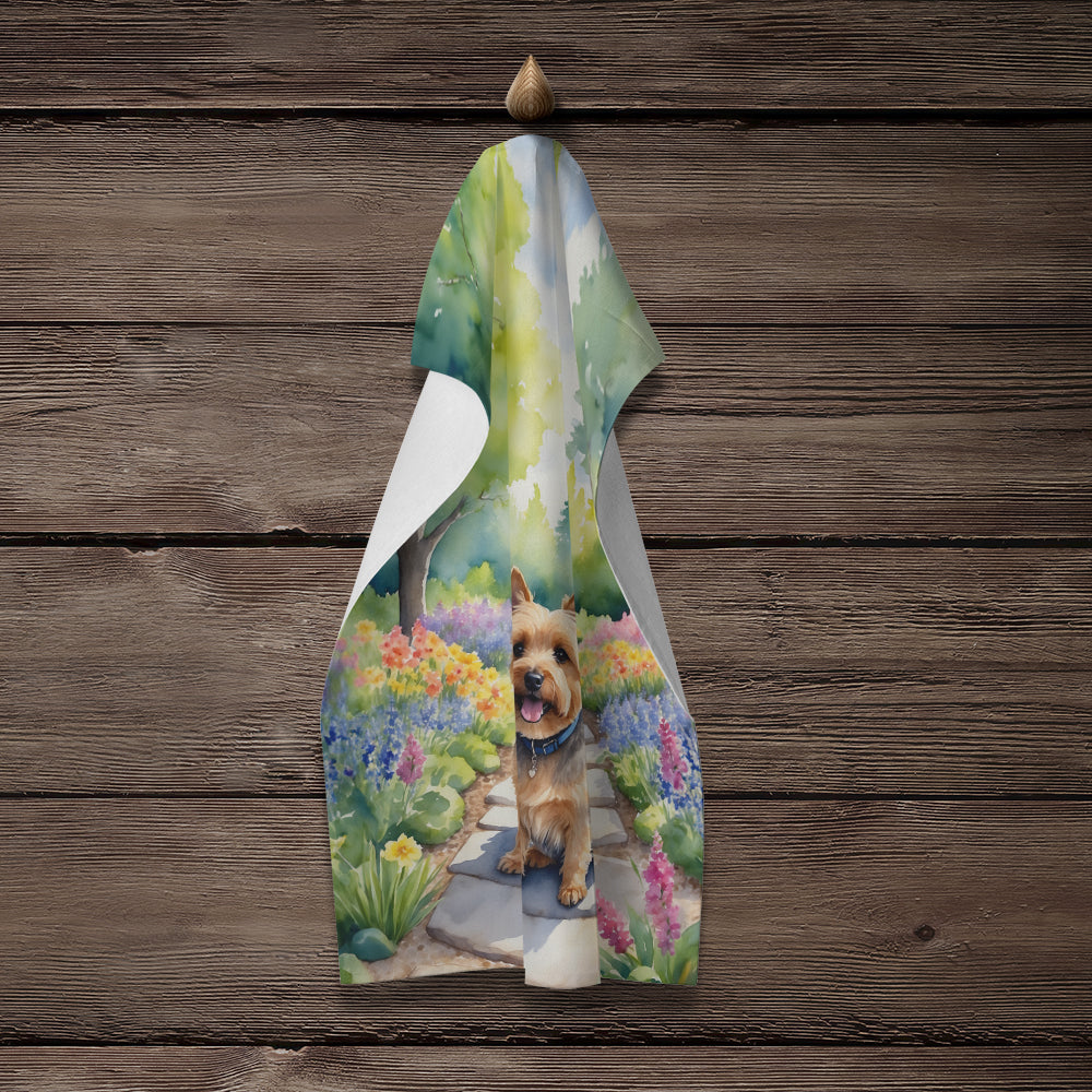 Norwich Terrier Spring Path Kitchen Towel Velour Plush Front and Cotton Loop Back Machine Washable