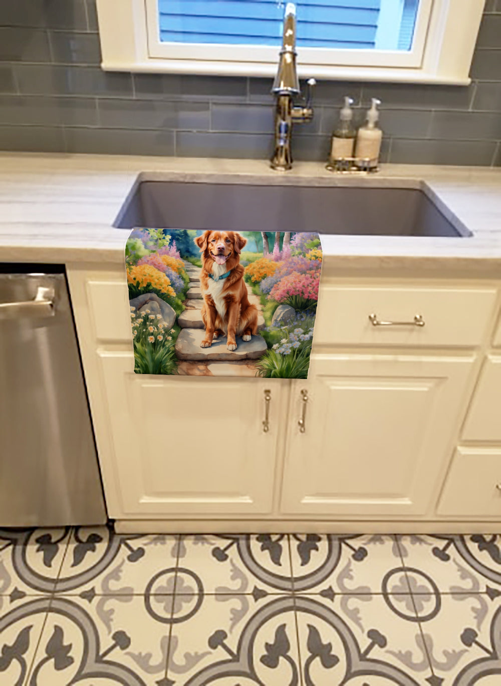 Nova Scotia Duck Tolling Retriever Spring Path Kitchen Towel Velour Plush Front and Cotton Loop Back Machine Washable
