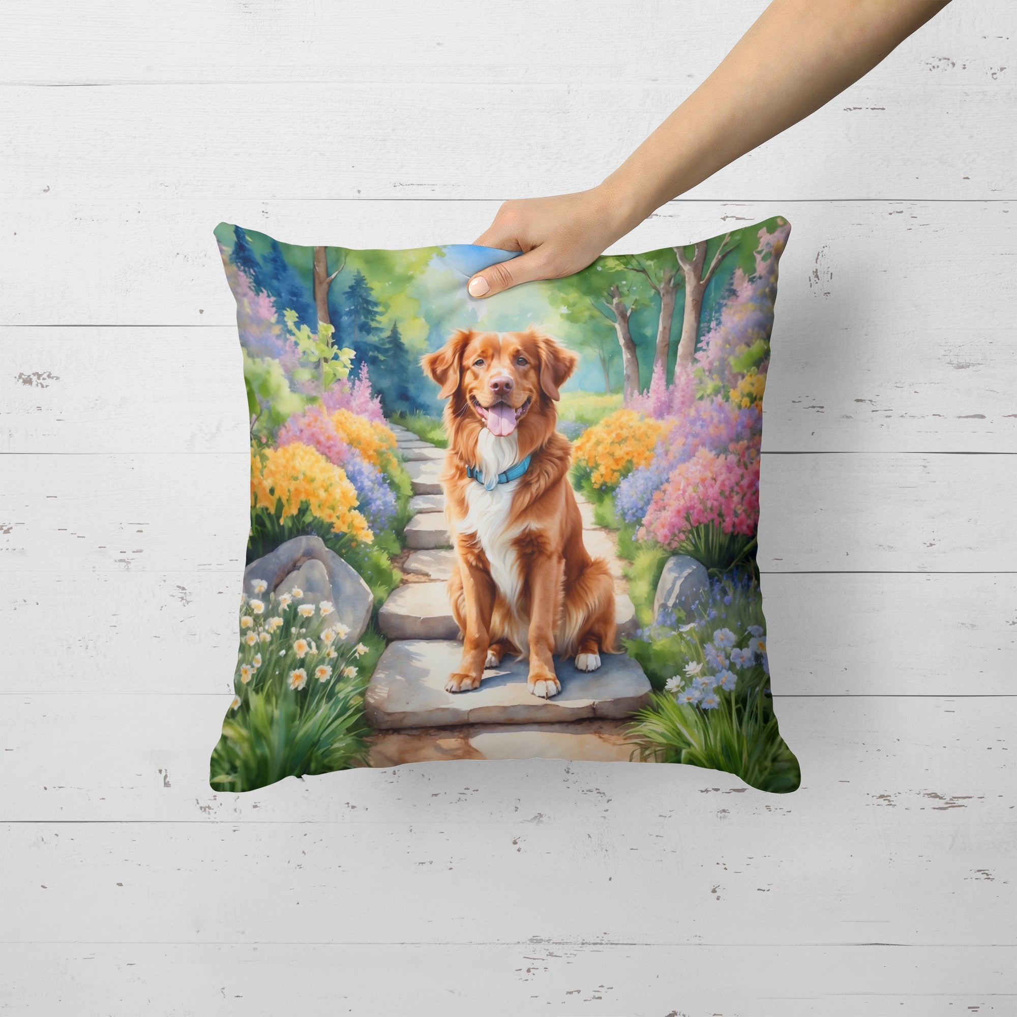 Nova Scotia Duck Tolling Retriever Spring Path Decorative Throw Pillow 18x18 Indoor Outdoor Accent Cushion, Fabric Cover with Insert for Sofa, Bed, Porch & Living Room