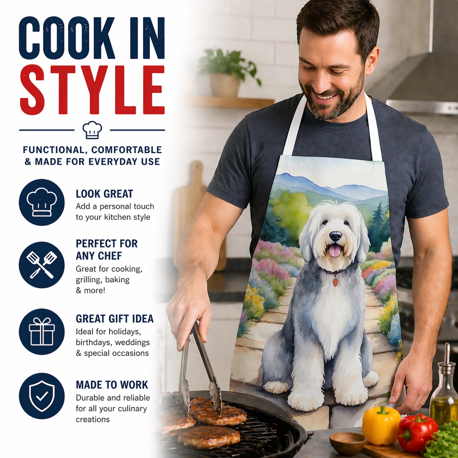 Old English Sheepdog Spring Path Apron Cooking Kitchen Server Baking Crafts Gardening for Adult Women Men, Unisex, Large, Multicolor