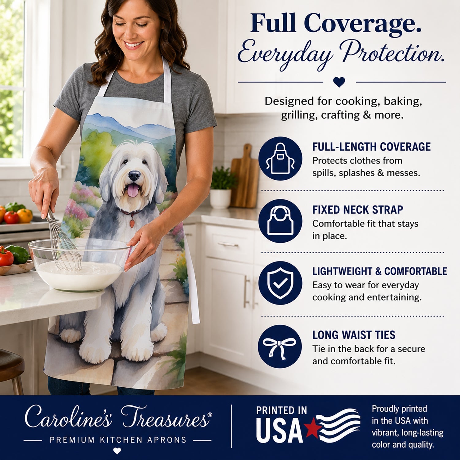 Old English Sheepdog Spring Path Apron Cooking Kitchen Server Baking Crafts Gardening for Adult Women Men, Unisex, Large, Multicolor