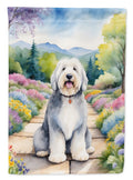 Old English Sheepdog Spring Path House Flag 28x40 Porch Sleeve Pole Decorative Outside Yard Banner Artwork Wall Hanging, Polyester