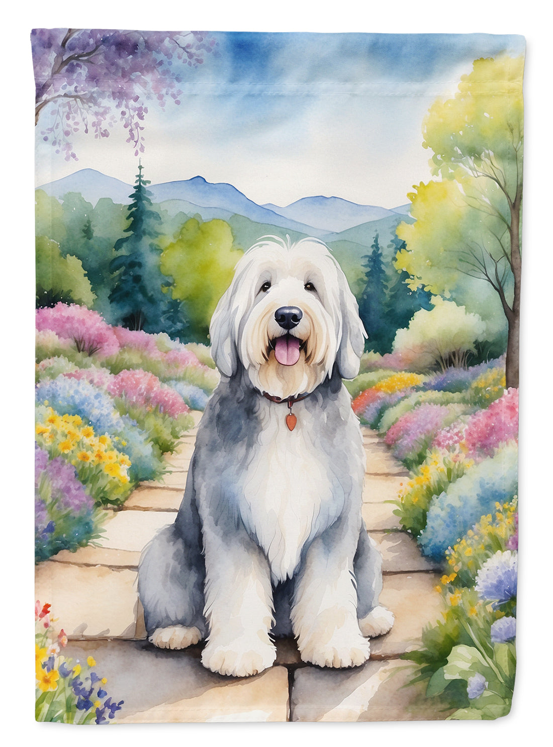 Old English Sheepdog Spring Path House Flag 28x40 Porch Sleeve Pole Decorative Outside Yard Banner Artwork Wall Hanging, Polyester