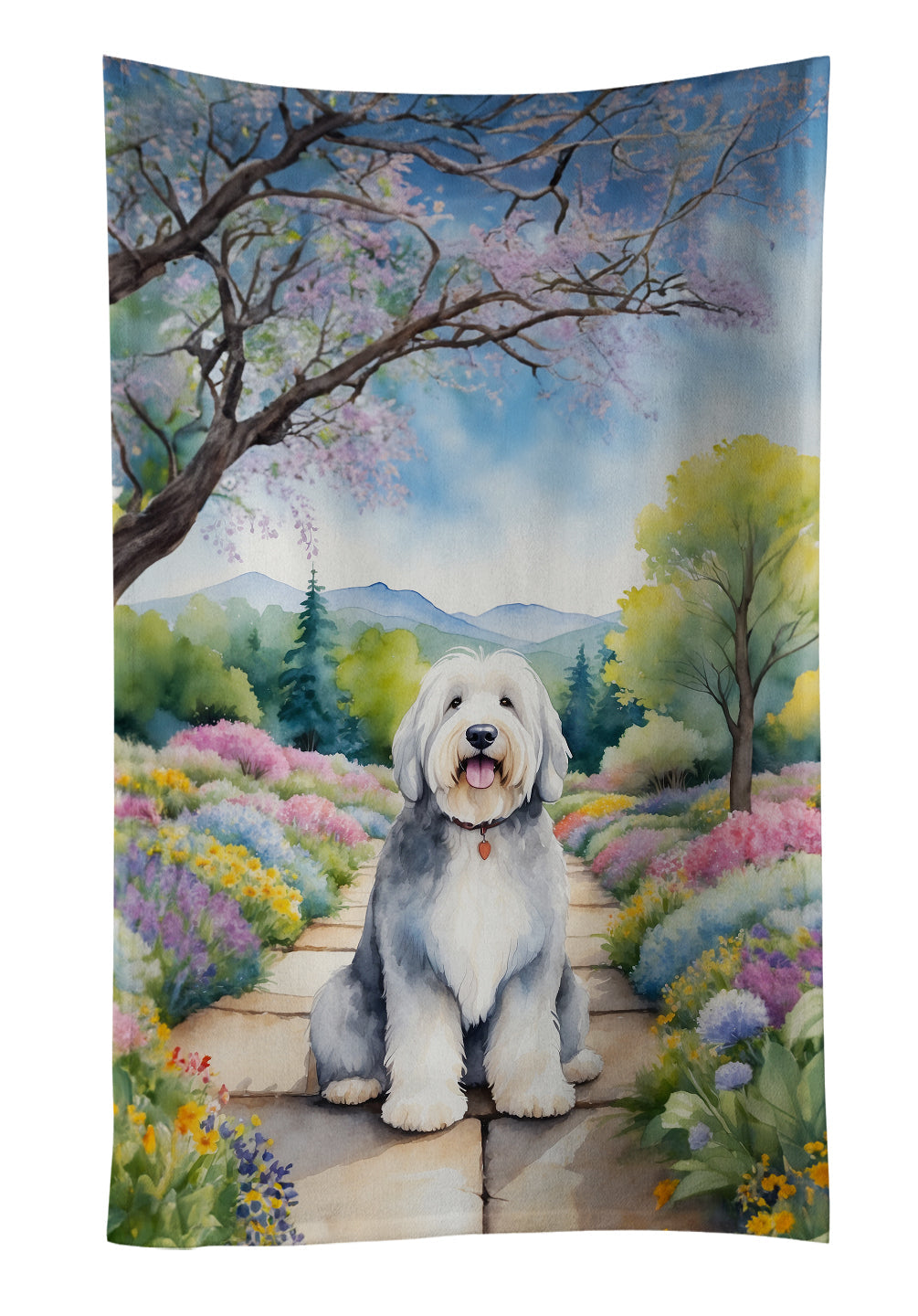 Old English Sheepdog Spring Path Kitchen Towel Velour Plush Front and Cotton Loop Back Machine Washable