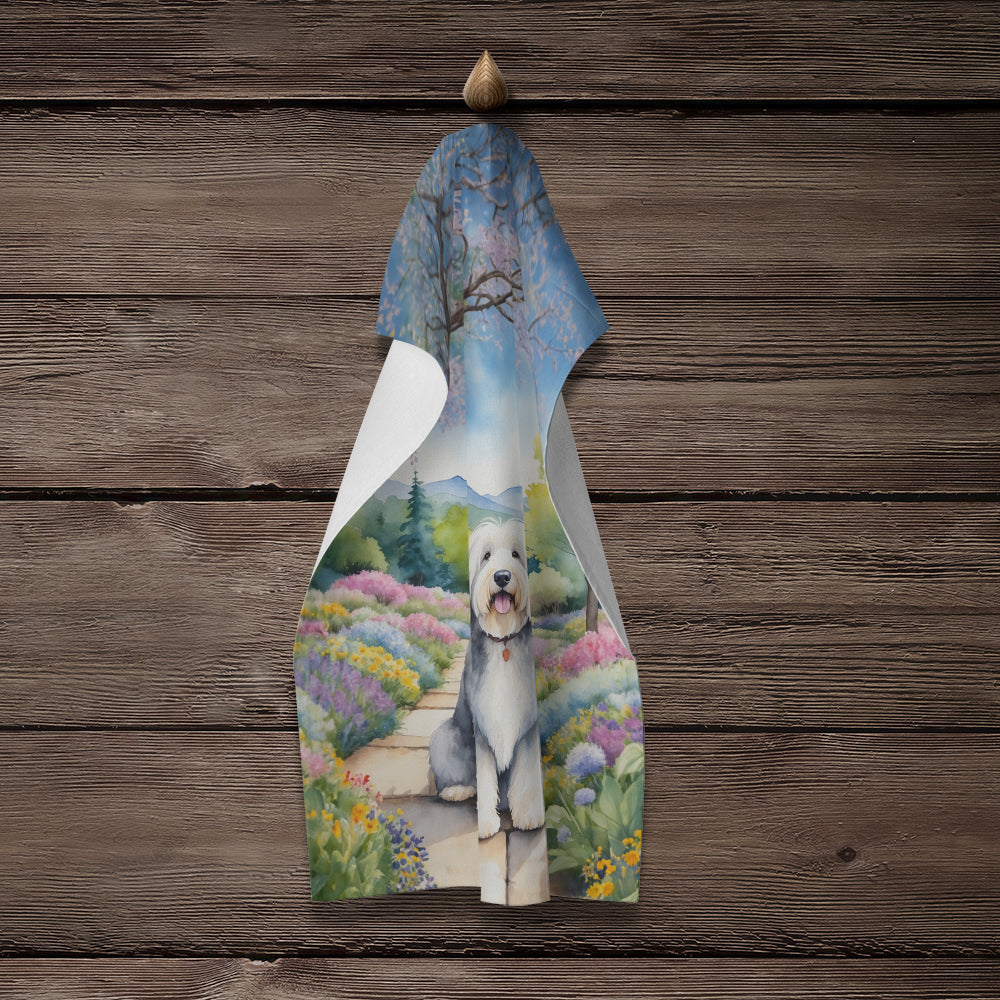 Old English Sheepdog Spring Path Kitchen Towel Velour Plush Front and Cotton Loop Back Machine Washable