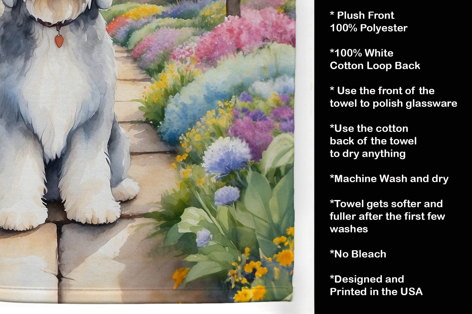 Old English Sheepdog Spring Path Kitchen Towel Velour Plush Front and Cotton Loop Back Machine Washable