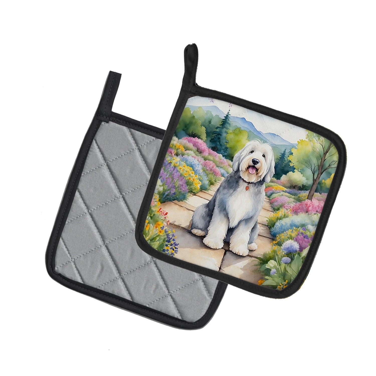 Old English Sheepdog Spring Path Pot Holder Set of 2 Heat Resistant Quilted Hot Pads 7.5 x 7.5 Inch, Insulated Kitchen Trivets for Cooking & Baking