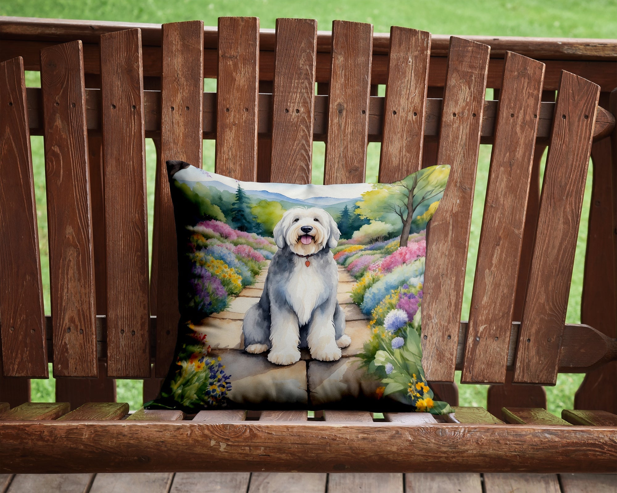 Old English Sheepdog Spring Path Decorative Throw Pillow 14x14 Indoor Outdoor Accent Cushion, Fabric Cover with Insert for Sofa, Bed, Porch & Living Room