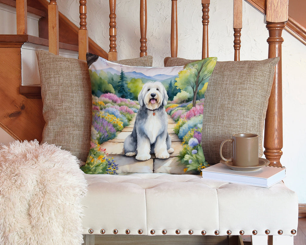 Old English Sheepdog Spring Path Decorative Throw Pillow 14x14 Indoor Outdoor Accent Cushion, Fabric Cover with Insert for Sofa, Bed, Porch & Living Room