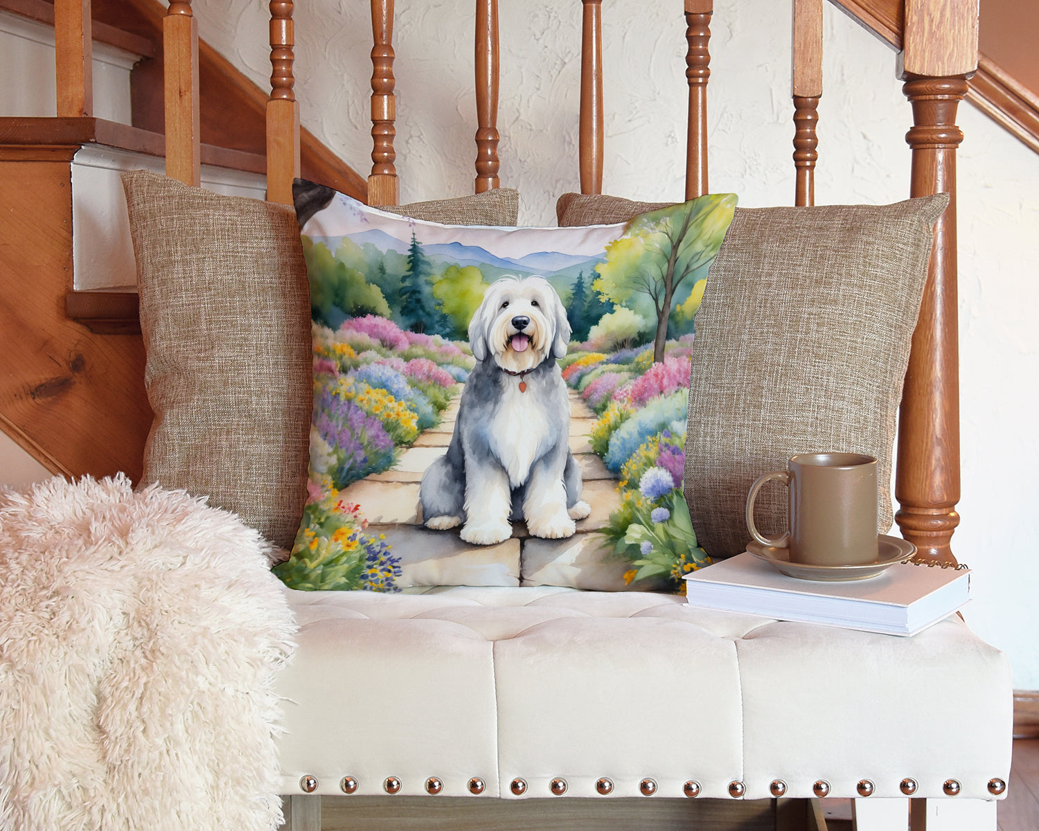 Old English Sheepdog Spring Path Decorative Throw Pillow 14x14 Indoor Outdoor Accent Cushion, Fabric Cover with Insert for Sofa, Bed, Porch & Living Room
