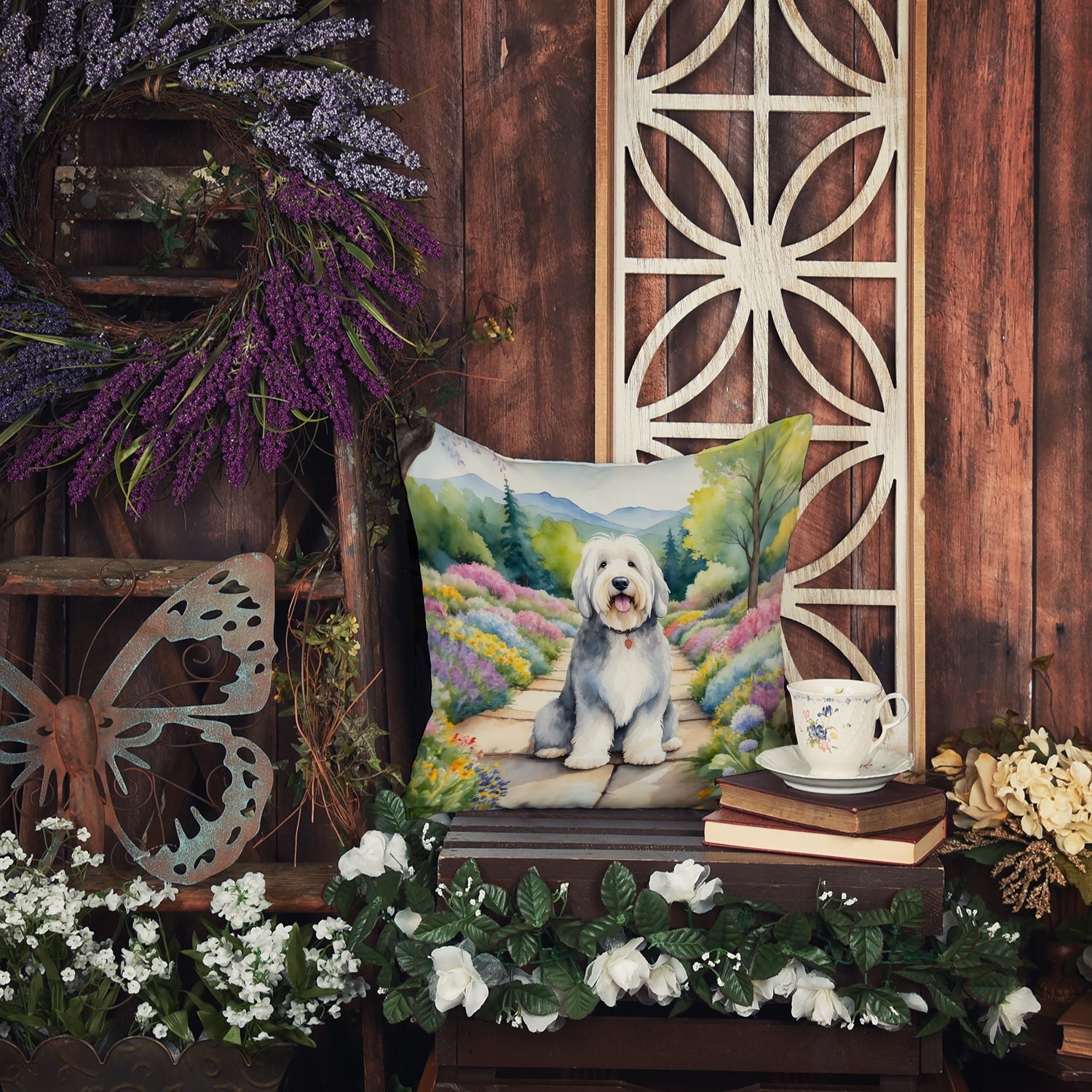 Old English Sheepdog Spring Path Decorative Throw Pillow 14x14 Indoor Outdoor Accent Cushion, Fabric Cover with Insert for Sofa, Bed, Porch & Living Room