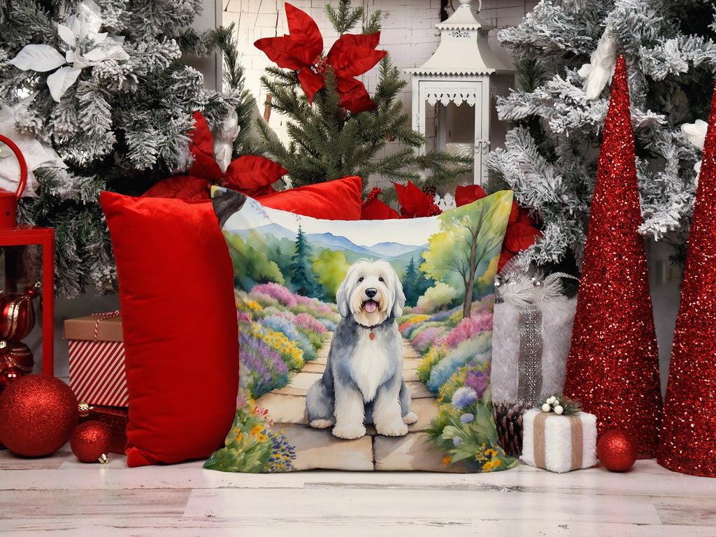 Old English Sheepdog Spring Path Decorative Throw Pillow 14x14 Indoor Outdoor Accent Cushion, Fabric Cover with Insert for Sofa, Bed, Porch & Living Room