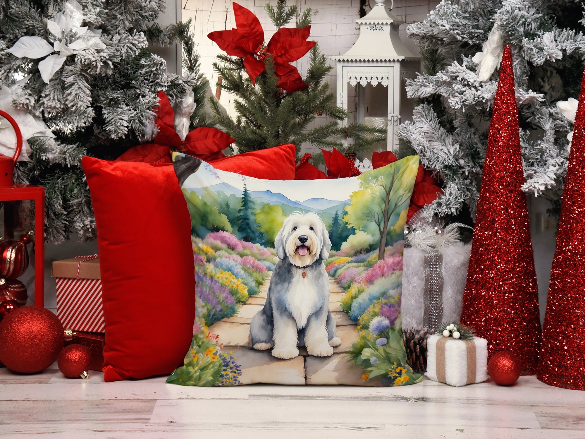 Old English Sheepdog Spring Path Decorative Throw Pillow 14x14 Indoor Outdoor Accent Cushion, Fabric Cover with Insert for Sofa, Bed, Porch & Living Room