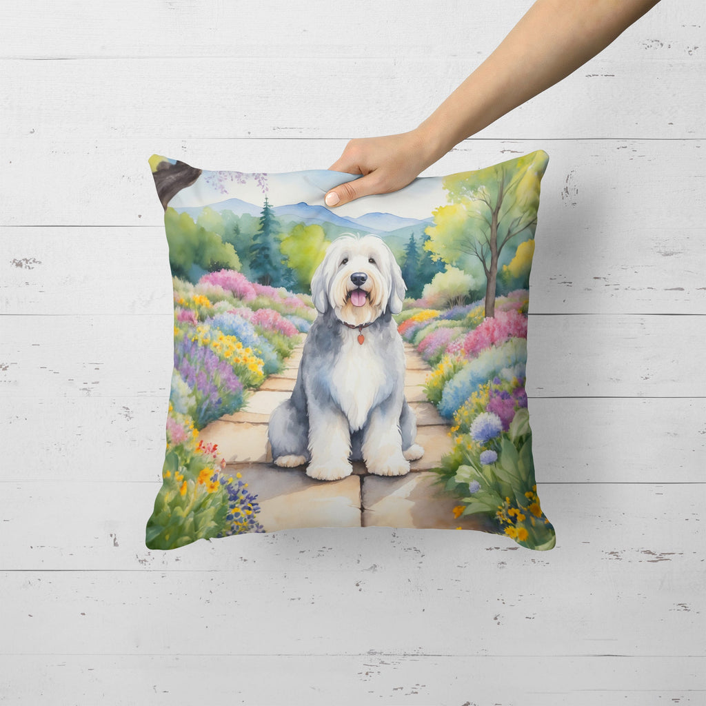Old English Sheepdog Spring Path Decorative Throw Pillow 18x18 Indoor Outdoor Accent Cushion, Fabric Cover with Insert for Sofa, Bed, Porch & Living Room