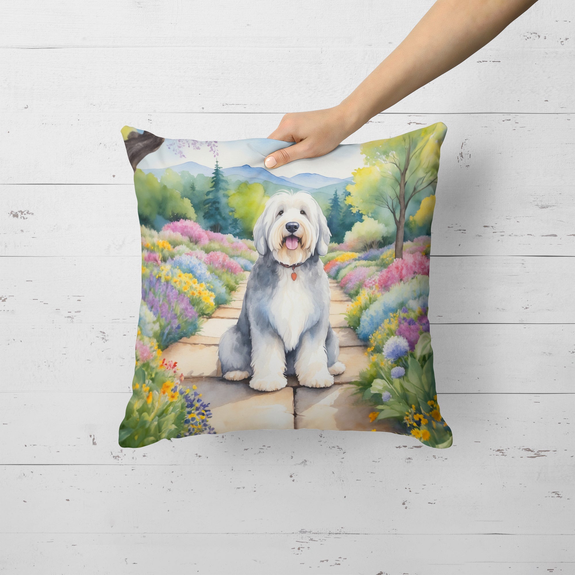 Old English Sheepdog Spring Path Decorative Throw Pillow 18x18 Indoor Outdoor Accent Cushion, Fabric Cover with Insert for Sofa, Bed, Porch & Living Room