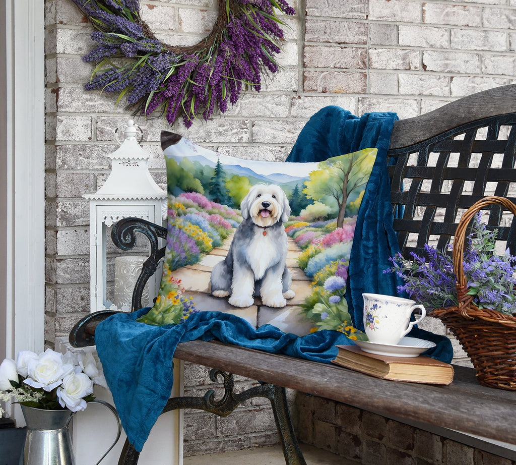 Old English Sheepdog Spring Path Decorative Throw Pillow 18x18 Indoor Outdoor Accent Cushion, Fabric Cover with Insert for Sofa, Bed, Porch & Living Room