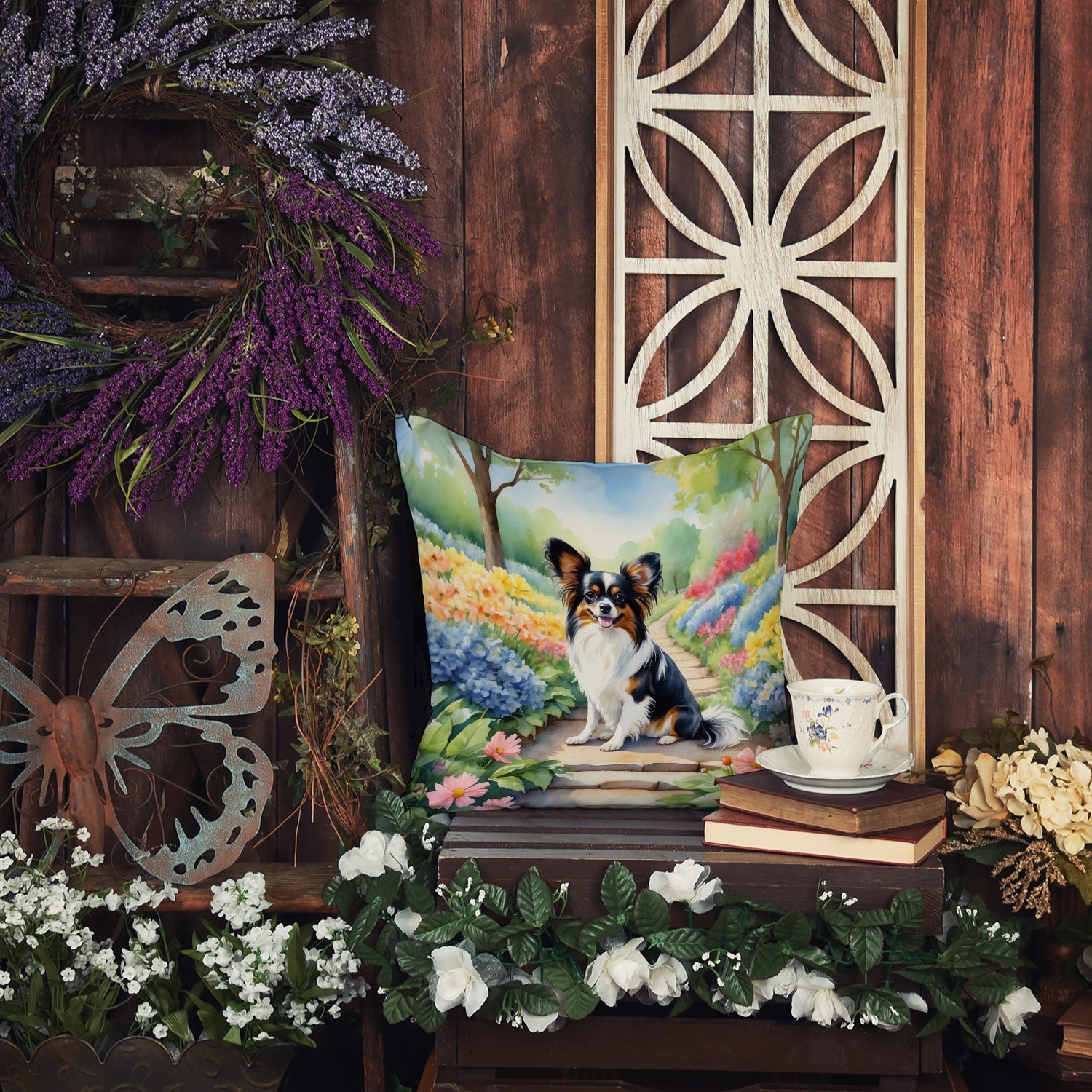 Papillon Spring Path Decorative Throw Pillow 18x18 Indoor Outdoor Accent Cushion, Fabric Cover with Insert for Sofa, Bed, Porch & Living Room