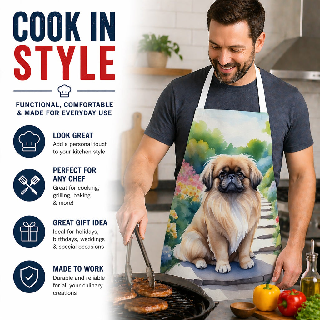 Pekingese Spring Path Apron Cooking Kitchen Server Baking Crafts Gardening for Adult Women Men, Unisex, Large, Multicolor