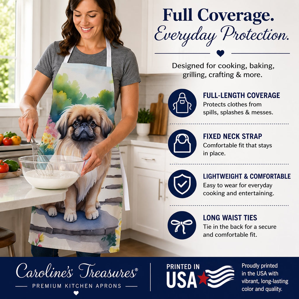Pekingese Spring Path Apron Cooking Kitchen Server Baking Crafts Gardening for Adult Women Men, Unisex, Large, Multicolor