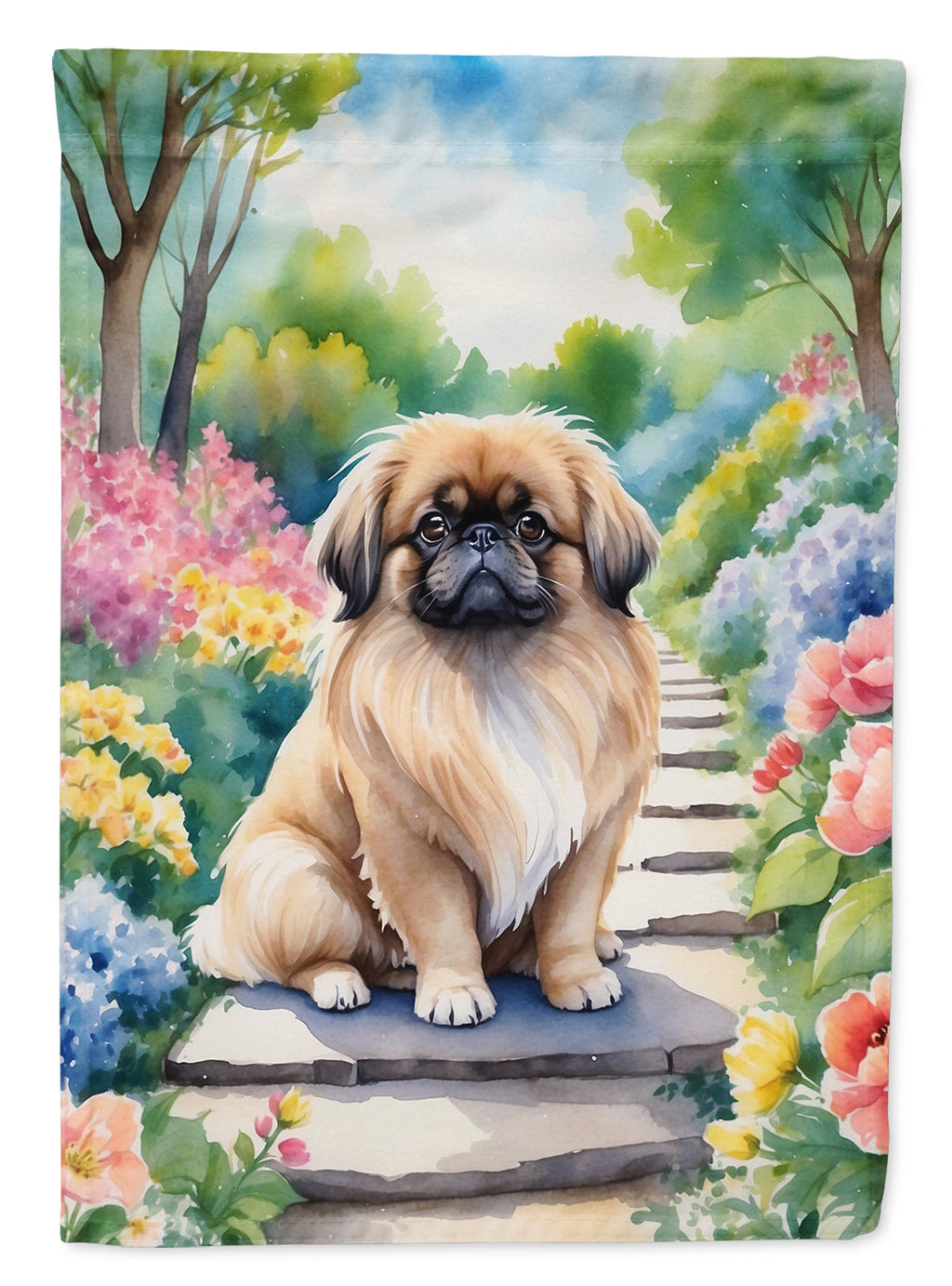 Pekingese Spring Path House Flag 28x40 Porch Sleeve Pole Decorative Outside Yard Banner Artwork Wall Hanging, Polyester