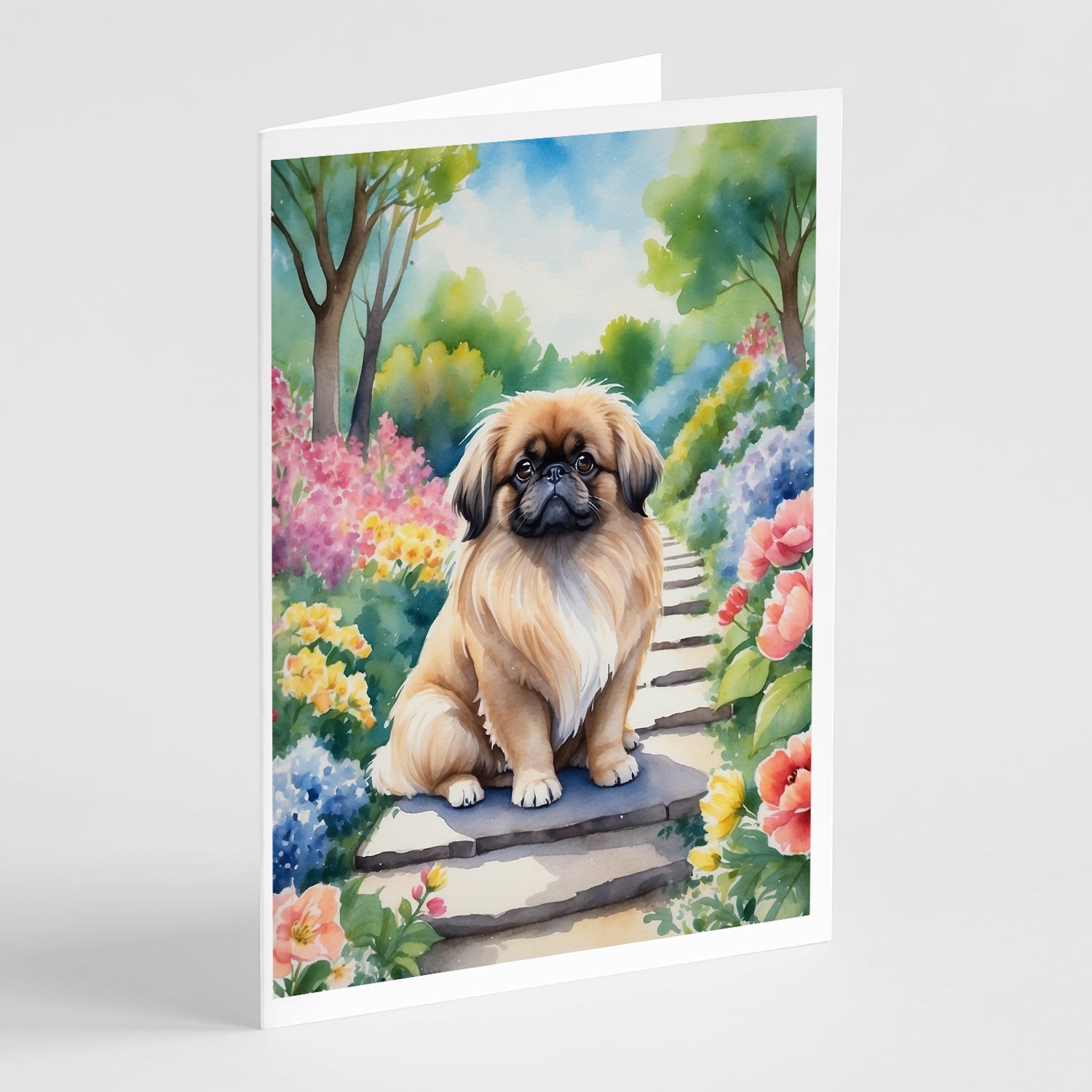 Pekingese Spring Path Greeting Cards Pack of 8 Blank Cards with Envelopes Whimsical A7 Size 5x7