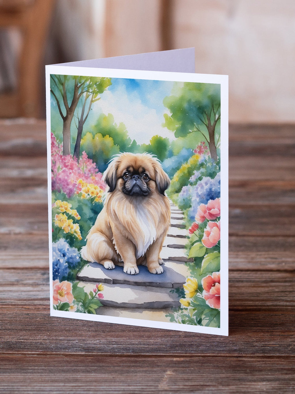 Pekingese Spring Path Greeting Cards Pack of 8 Blank Cards with Envelopes Whimsical A7 Size 5x7