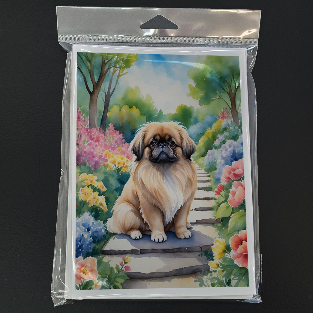 Pekingese Spring Path Greeting Cards Pack of 8 Blank Cards with Envelopes Whimsical A7 Size 5x7