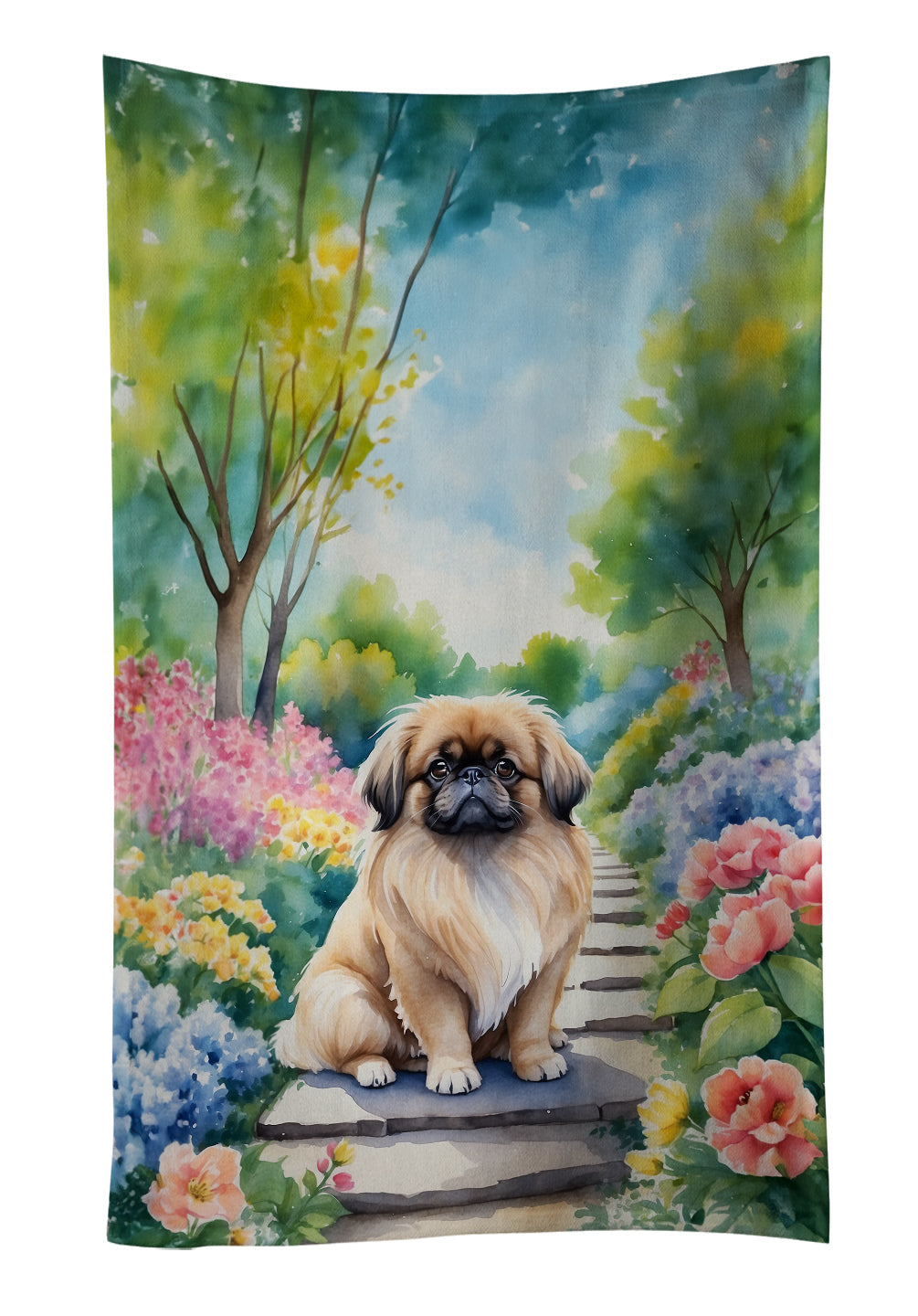 Pekingese Spring Path Kitchen Towel Velour Plush Front and Cotton Loop Back Machine Washable