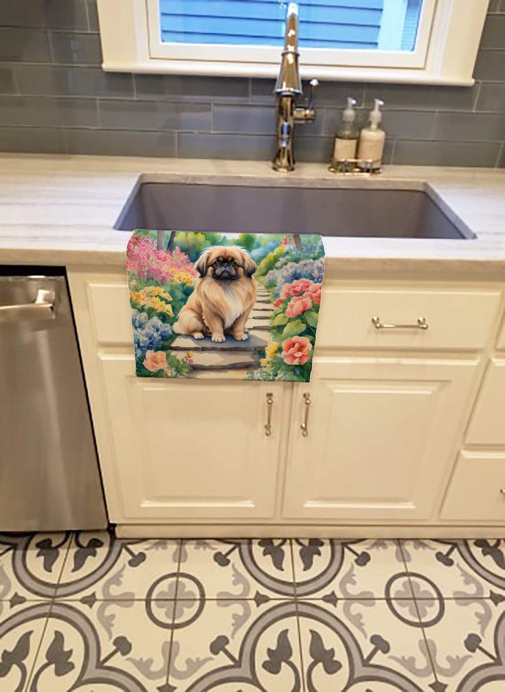 Pekingese Spring Path Kitchen Towel Velour Plush Front and Cotton Loop Back Machine Washable
