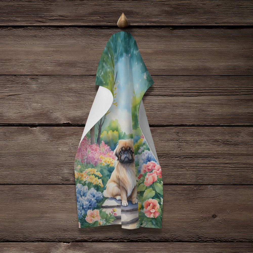Pekingese Spring Path Kitchen Towel Velour Plush Front and Cotton Loop Back Machine Washable