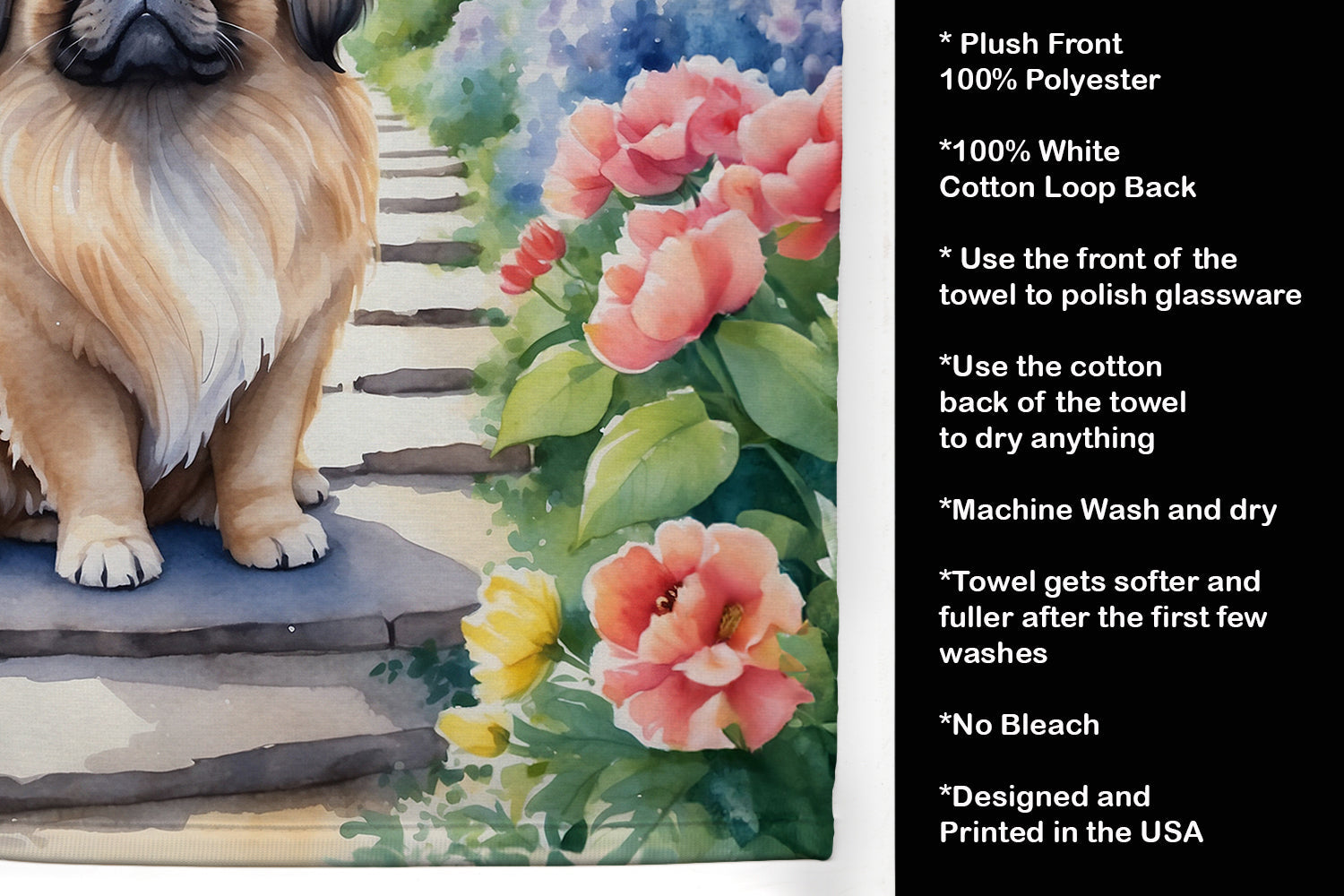 Pekingese Spring Path Kitchen Towel Velour Plush Front and Cotton Loop Back Machine Washable