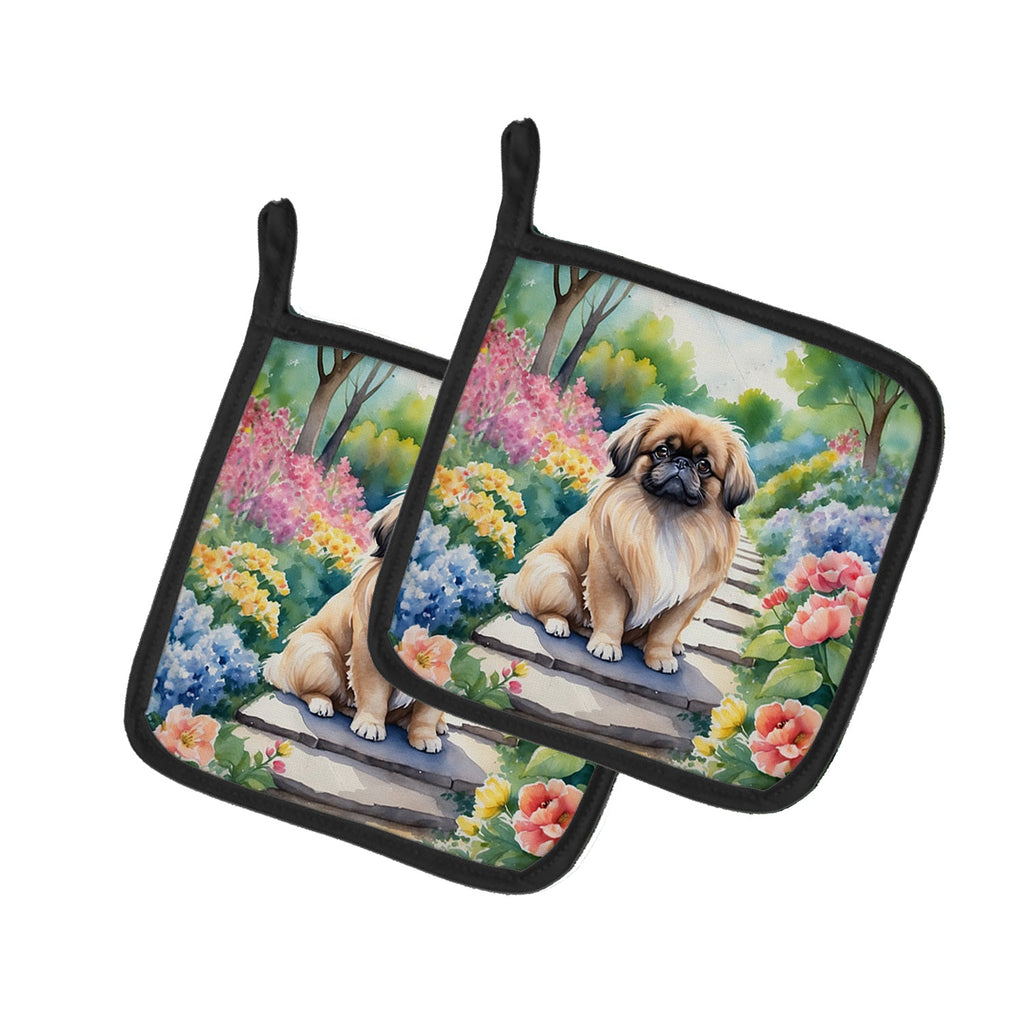 Pekingese Spring Path Pot Holder Set of 2 Heat Resistant Quilted Hot Pads 7.5 x 7.5 Inch, Insulated Kitchen Trivets for Cooking & Baking