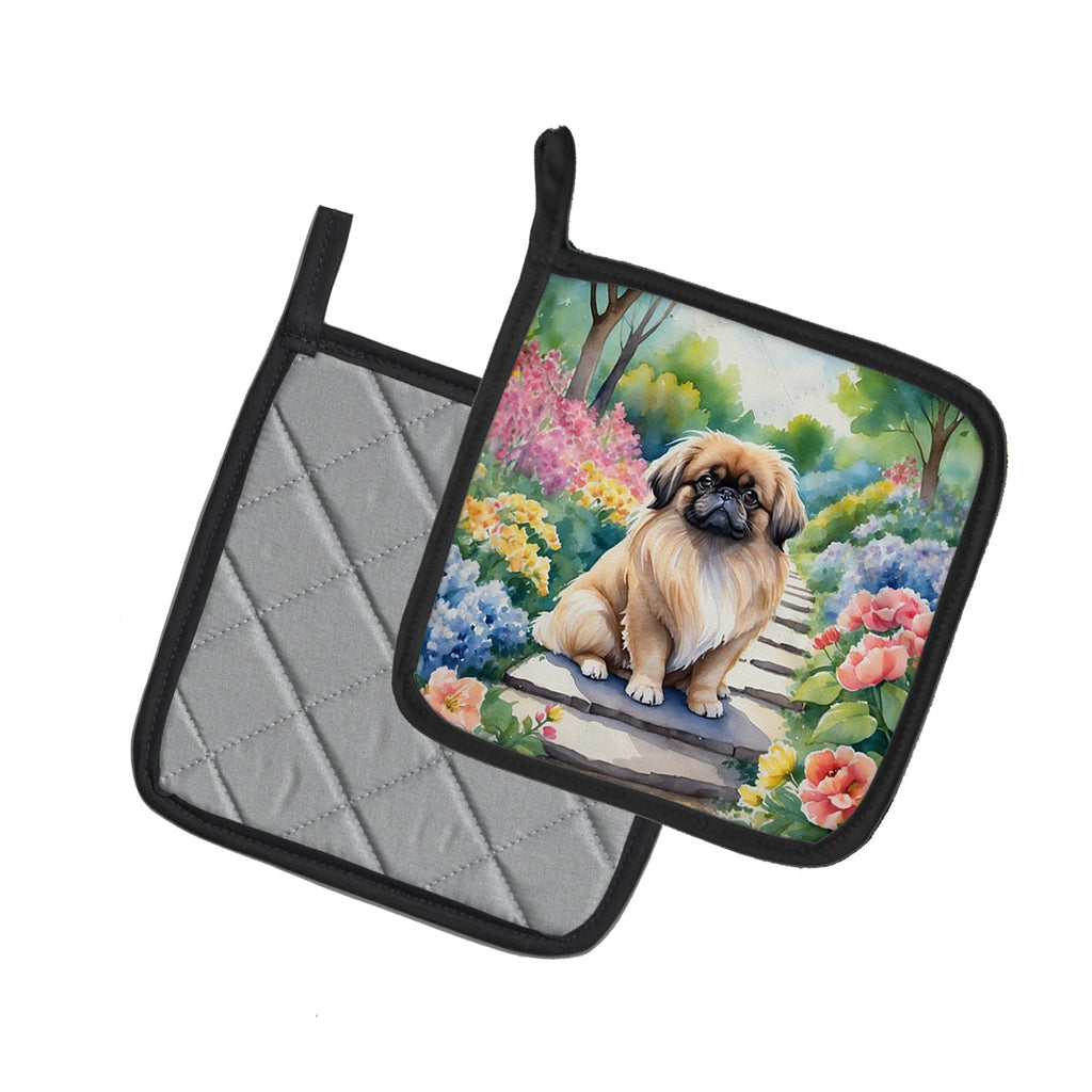 Pekingese Spring Path Pot Holder Set of 2 Heat Resistant Quilted Hot Pads 7.5 x 7.5 Inch, Insulated Kitchen Trivets for Cooking & Baking