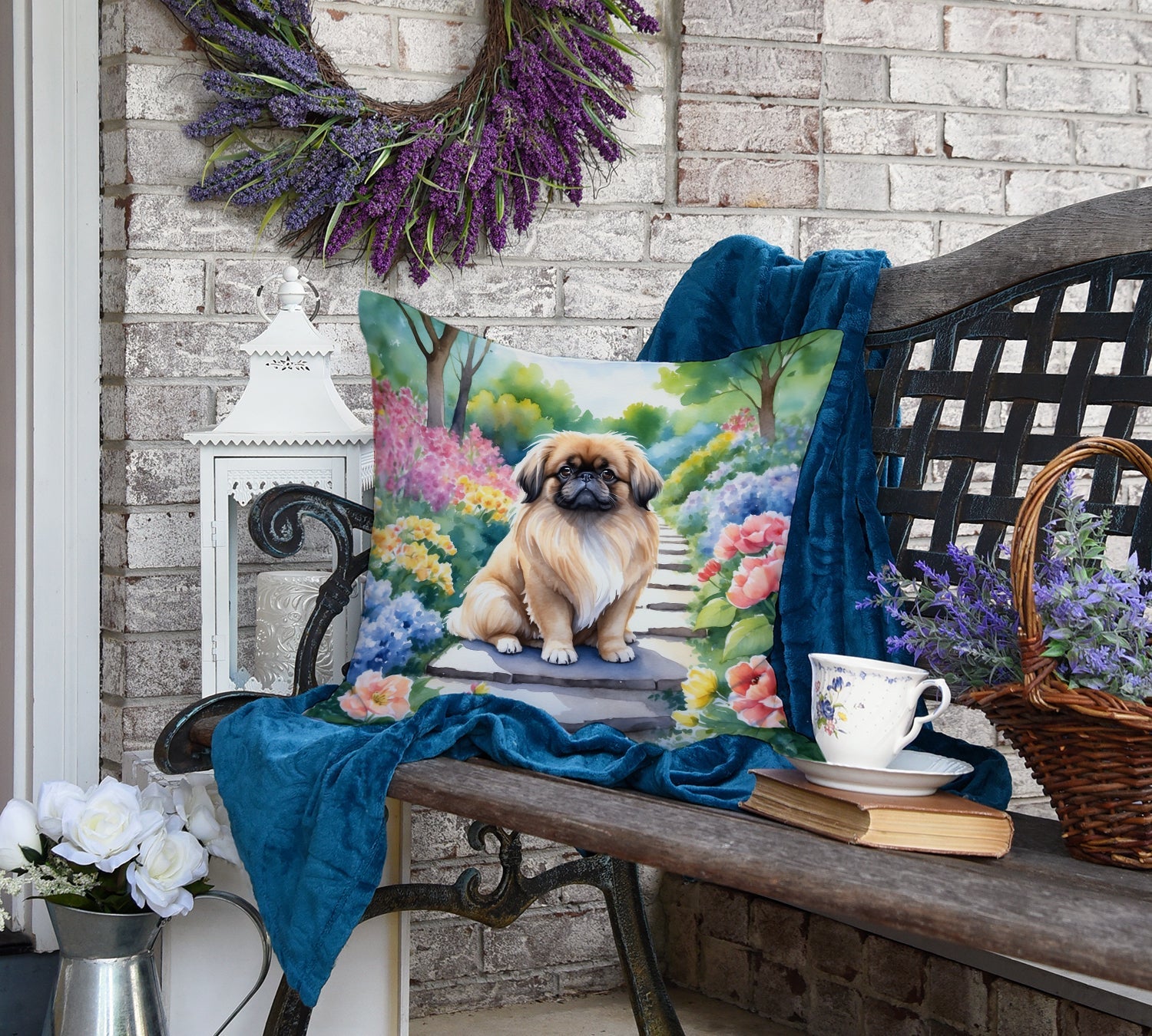 Pekingese Spring Path Decorative Throw Pillow 18x18 Indoor Outdoor Accent Cushion, Fabric Cover with Insert for Sofa, Bed, Porch & Living Room