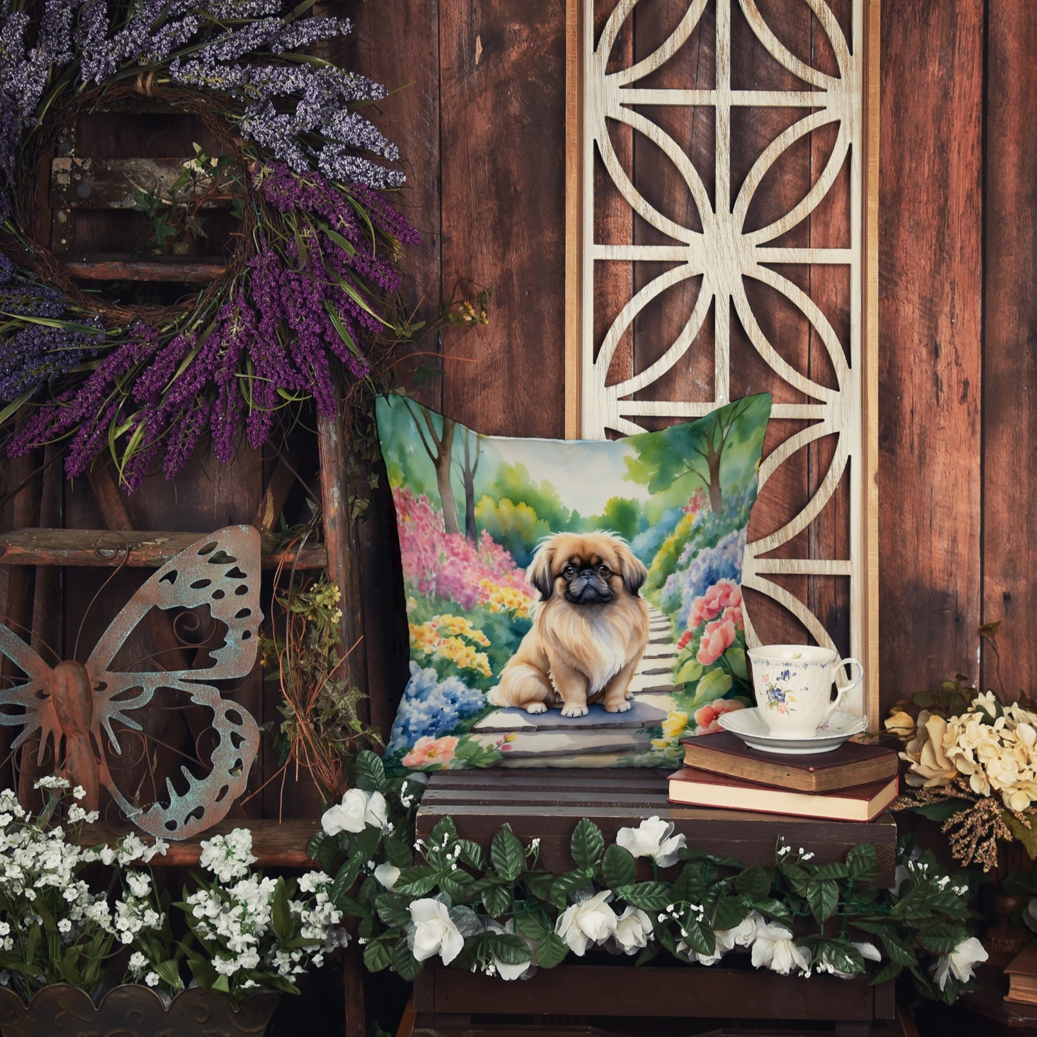 Pekingese Spring Path Decorative Throw Pillow 18x18 Indoor Outdoor Accent Cushion, Fabric Cover with Insert for Sofa, Bed, Porch & Living Room