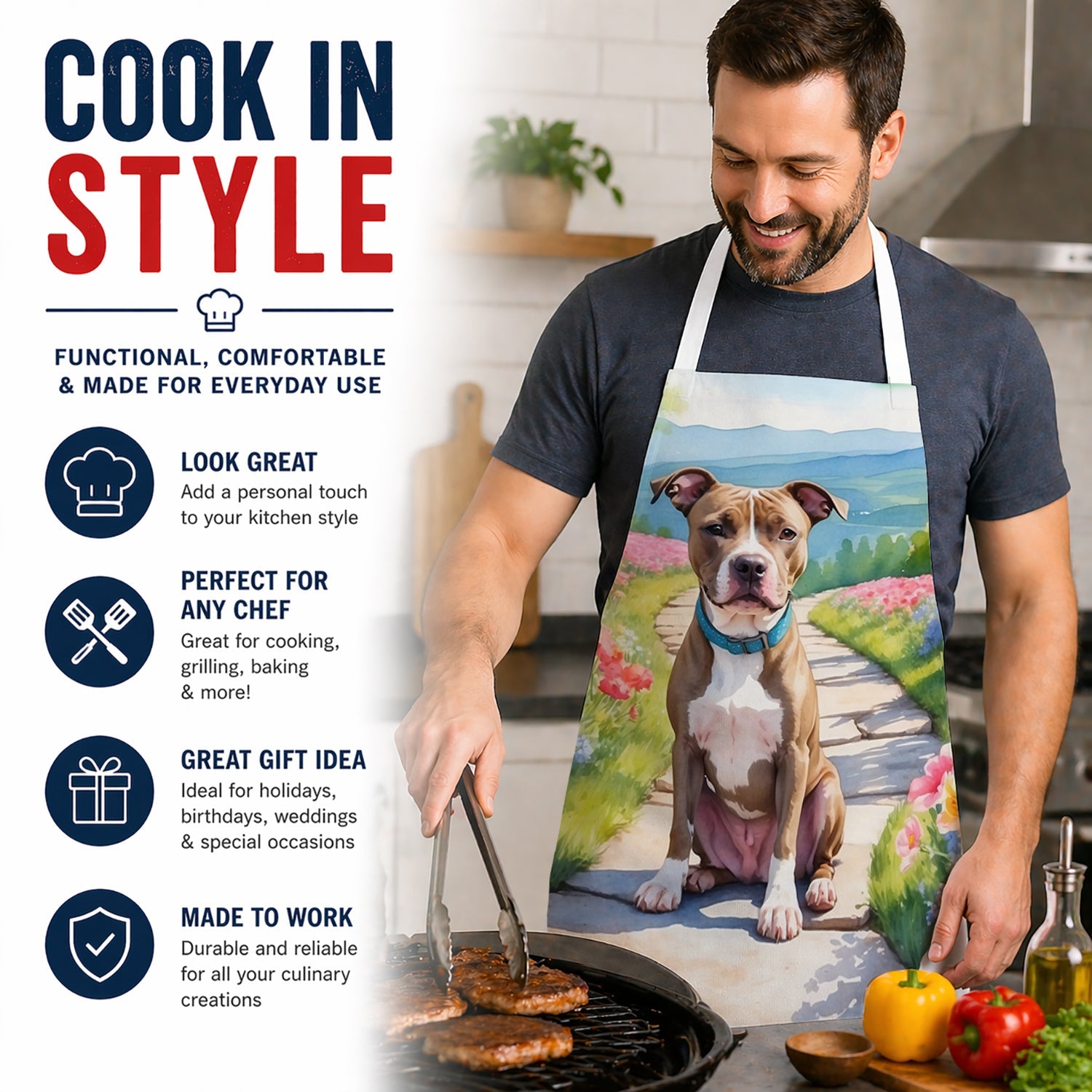 Pit Bull Terrier Spring Path Apron Cooking Kitchen Server Baking Crafts Gardening for Adult Women Men, Unisex, Large, Multicolor