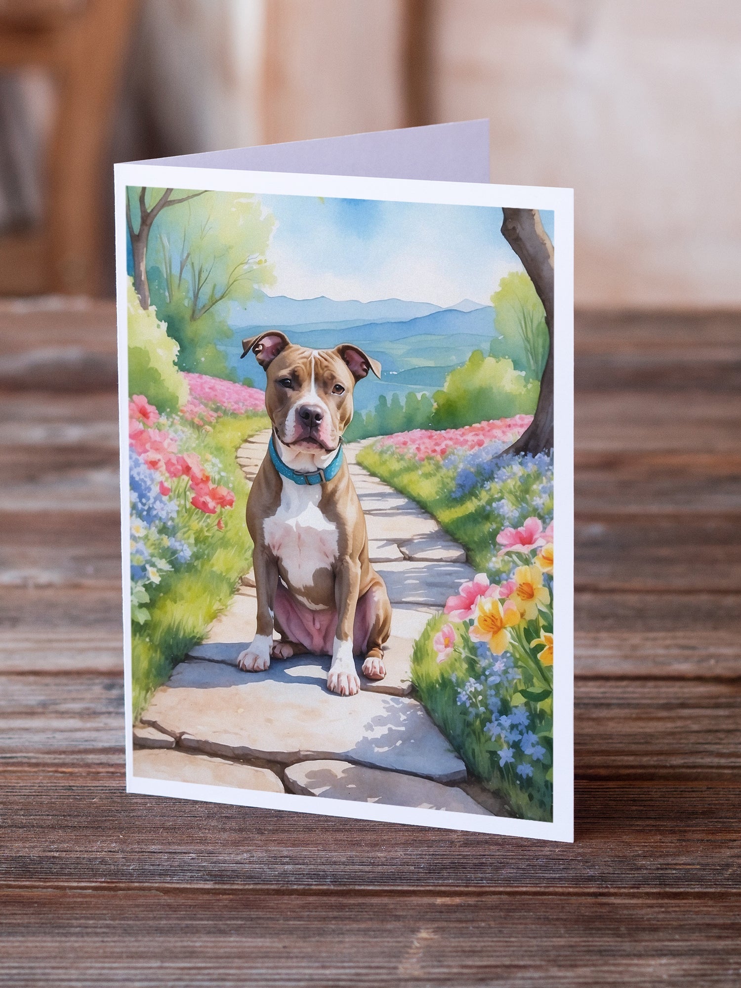 Pit Bull Terrier Spring Path Greeting Cards Pack of 8 Blank Cards with Envelopes Whimsical A7 Size 5x7