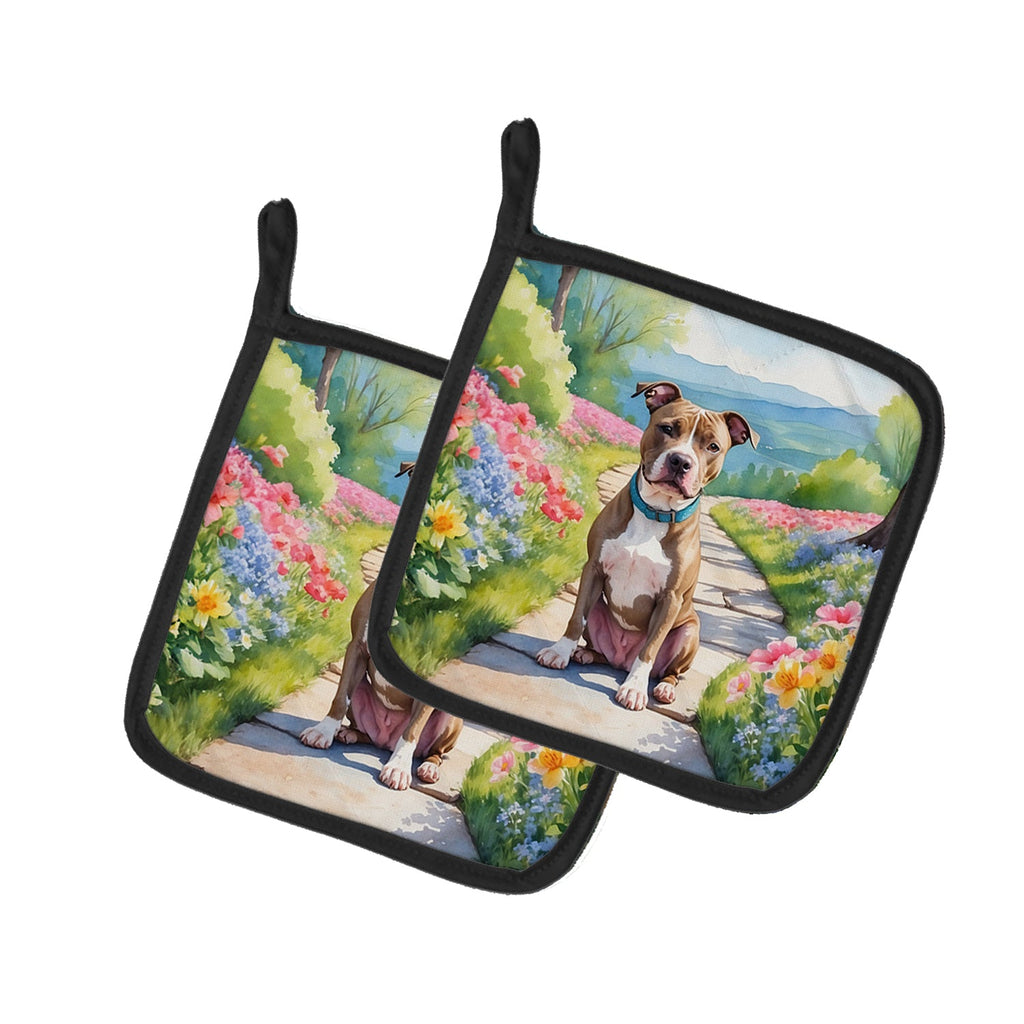 Pit Bull Terrier Spring Path Pot Holder Set of 2 Heat Resistant Quilted Hot Pads 7.5 x 7.5 Inch, Insulated Kitchen Trivets for Cooking & Baking