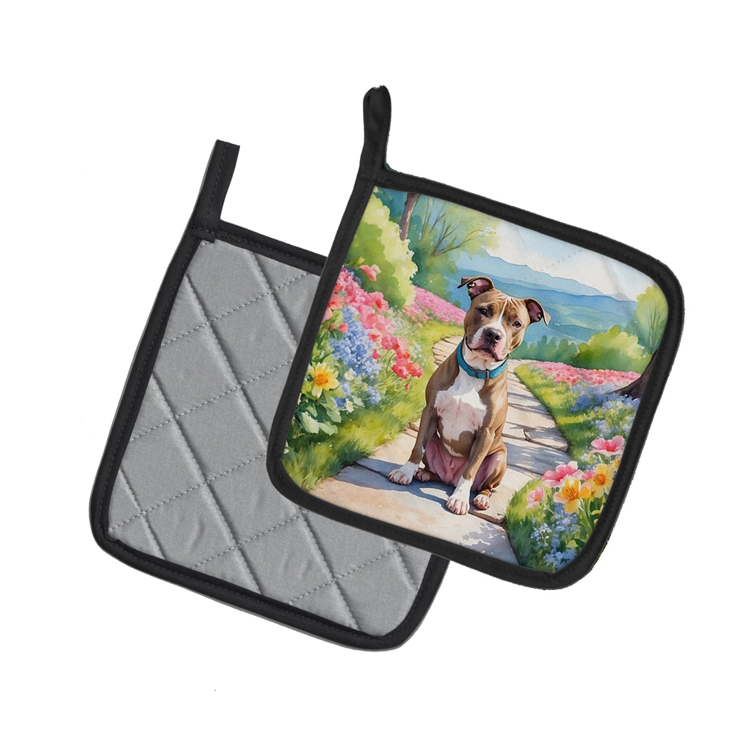 Pit Bull Terrier Spring Path Pot Holder Set of 2 Heat Resistant Quilted Hot Pads 7.5 x 7.5 Inch, Insulated Kitchen Trivets for Cooking & Baking
