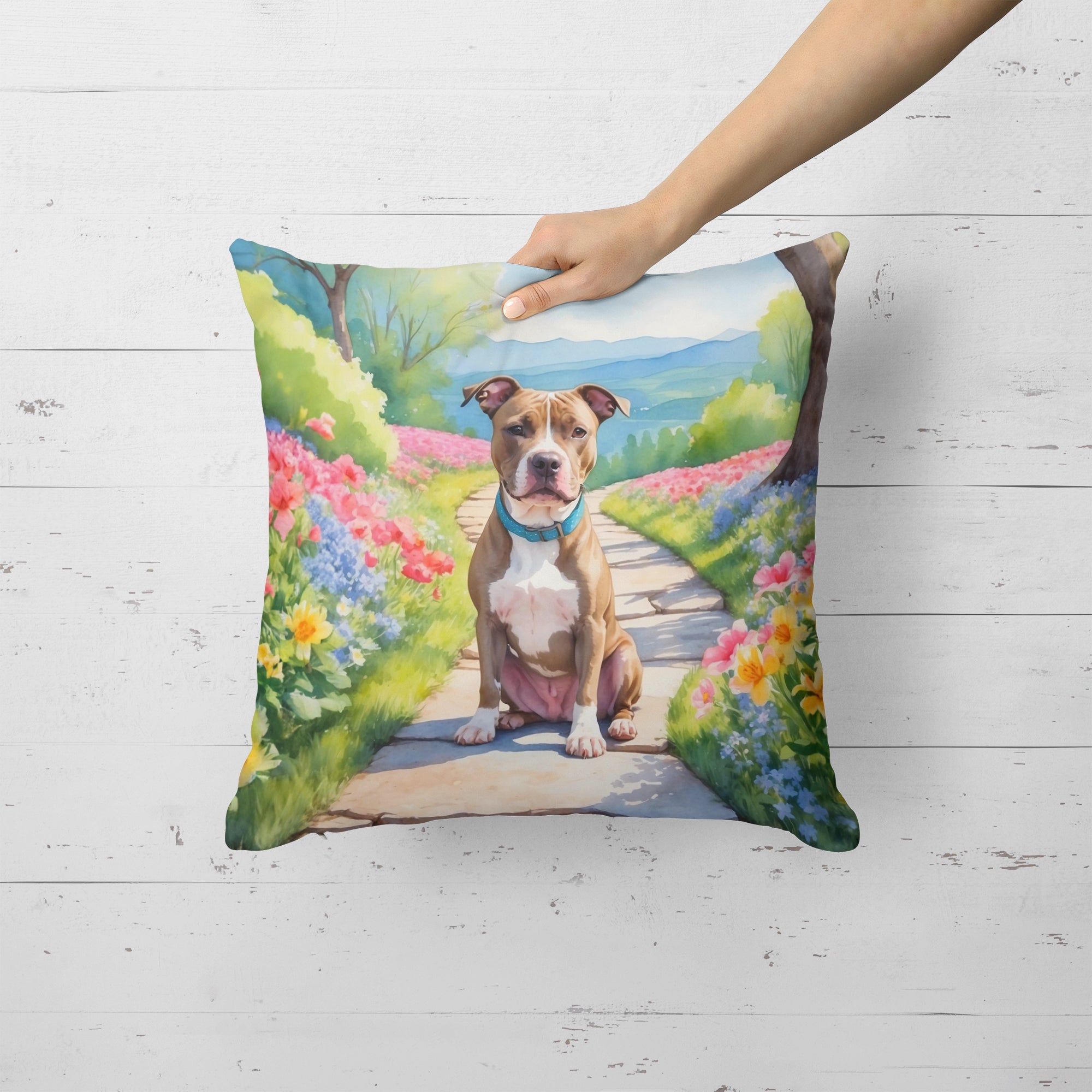 Pit Bull Terrier Spring Path Decorative Throw Pillow 18x18 Indoor Outdoor Accent Cushion, Fabric Cover with Insert for Sofa, Bed, Porch & Living Room