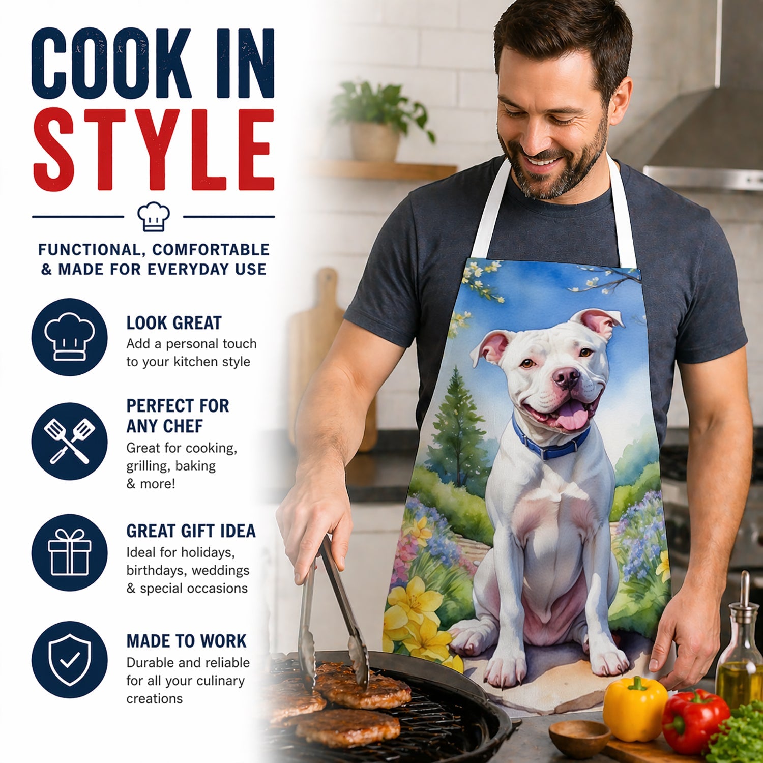 Pit Bull Terrier Spring Path Apron Cooking Kitchen Server Baking Crafts Gardening for Adult Women Men, Unisex, Large, Multicolor
