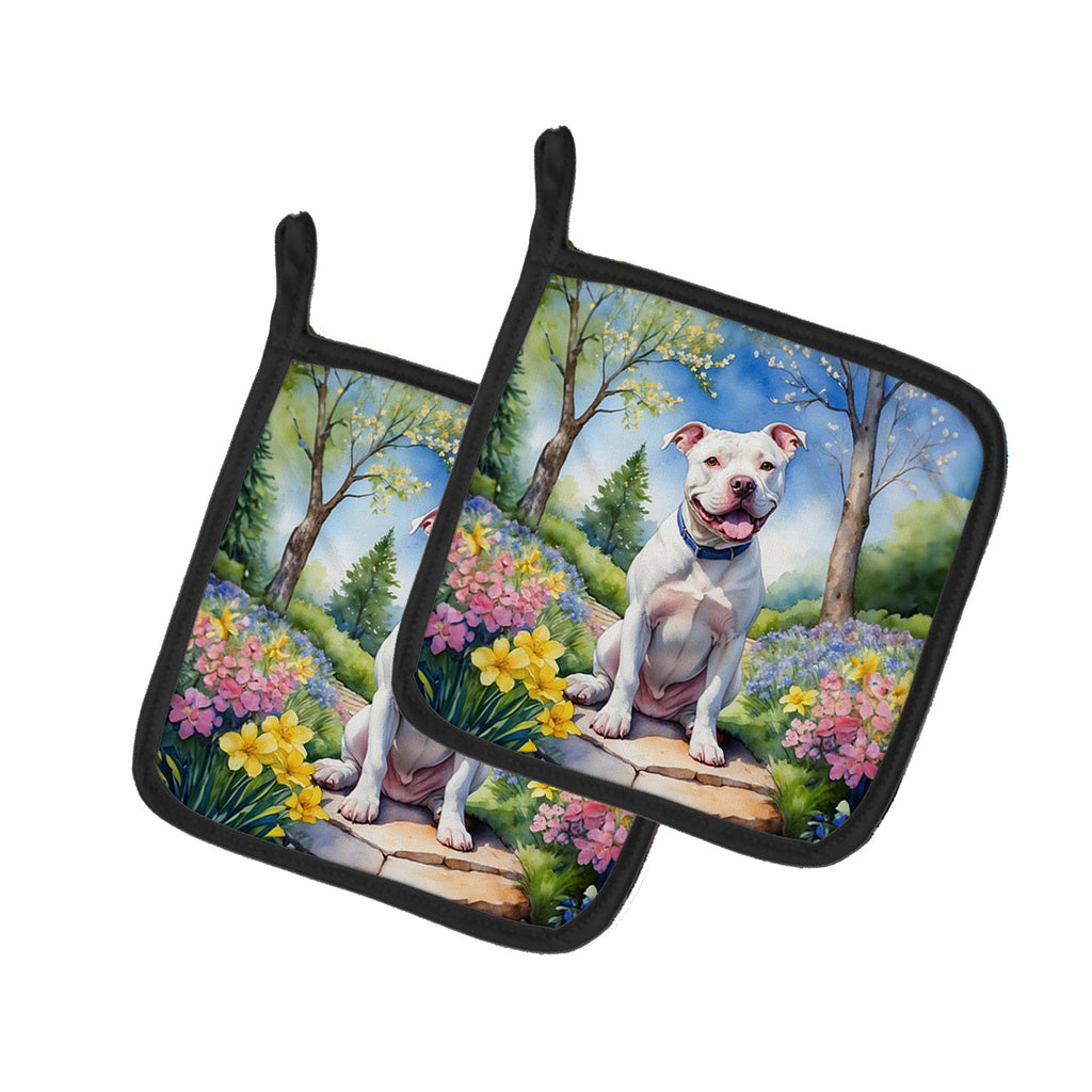 Pit Bull Terrier Spring Path Pot Holder Set of 2 Heat Resistant Quilted Hot Pads 7.5 x 7.5 Inch, Insulated Kitchen Trivets for Cooking & Baking