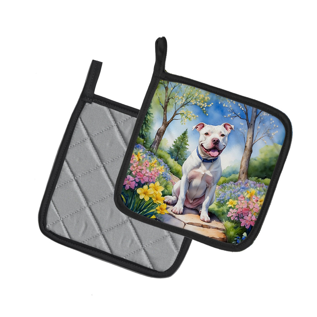 Pit Bull Terrier Spring Path Pot Holder Set of 2 Heat Resistant Quilted Hot Pads 7.5 x 7.5 Inch, Insulated Kitchen Trivets for Cooking & Baking