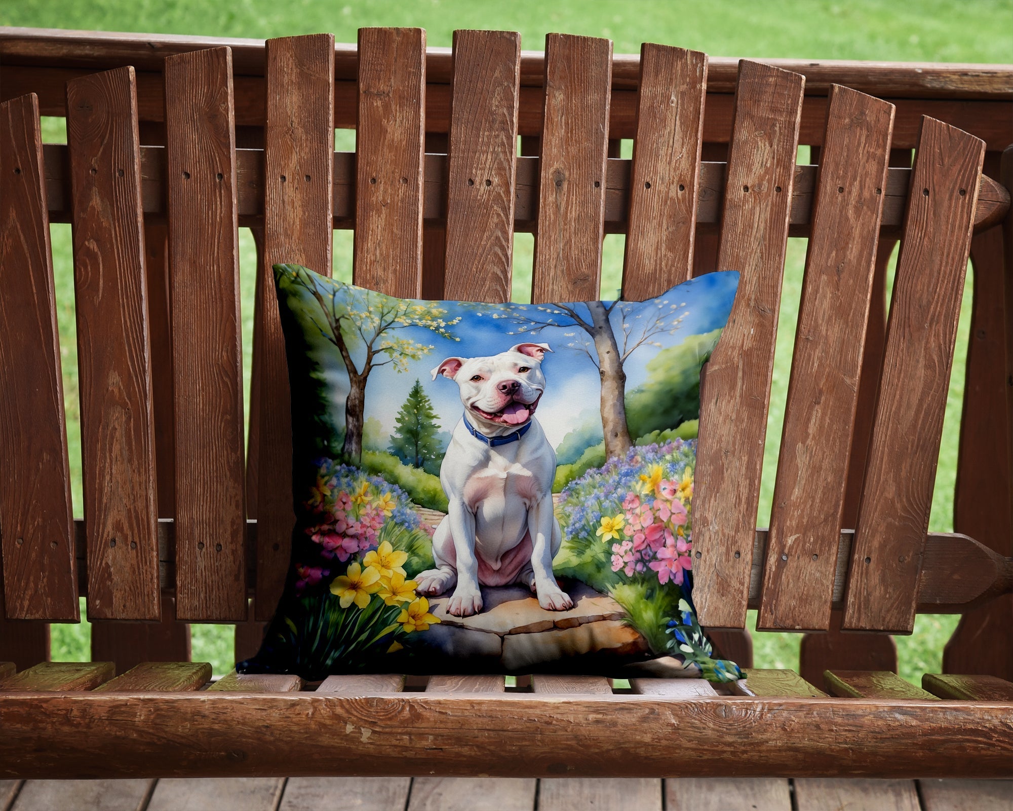 Pit Bull Terrier Spring Path Decorative Throw Pillow 14x14 Indoor Outdoor Accent Cushion, Fabric Cover with Insert for Sofa, Bed, Porch & Living Room