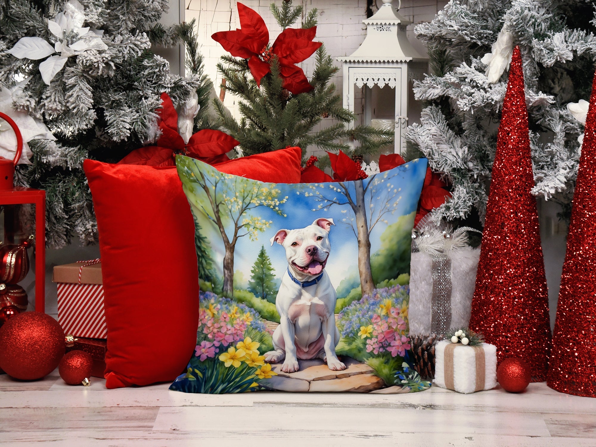 Pit Bull Terrier Spring Path Decorative Throw Pillow 14x14 Indoor Outdoor Accent Cushion, Fabric Cover with Insert for Sofa, Bed, Porch & Living Room