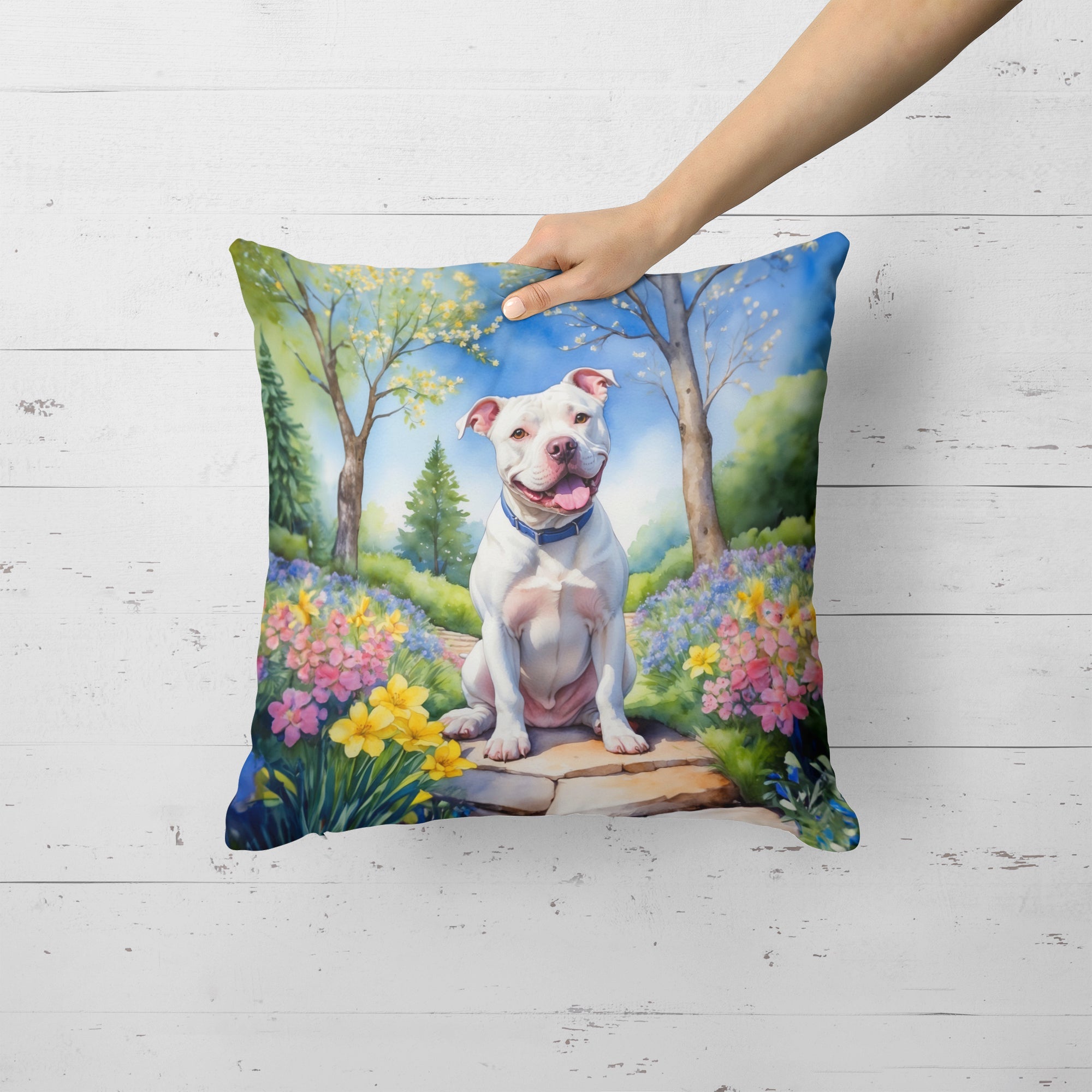 Pit Bull Terrier Spring Path Decorative Throw Pillow 18x18 Indoor Outdoor Accent Cushion, Fabric Cover with Insert for Sofa, Bed, Porch & Living Room