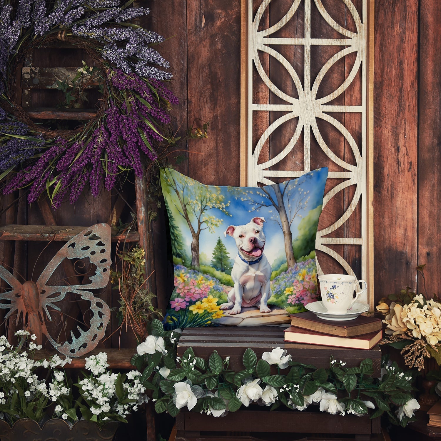 Pit Bull Terrier Spring Path Decorative Throw Pillow 18x18 Indoor Outdoor Accent Cushion, Fabric Cover with Insert for Sofa, Bed, Porch & Living Room