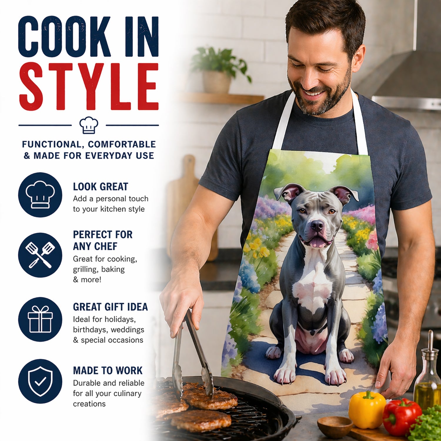 Pit Bull Terrier Spring Path Apron Cooking Kitchen Server Baking Crafts Gardening for Adult Women Men, Unisex, Large, Multicolor