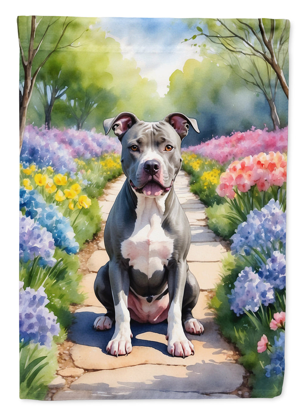 Pit Bull Terrier Spring Path House Flag 28x40 Porch Sleeve Pole Decorative Outside Yard Banner Artwork Wall Hanging, Polyester